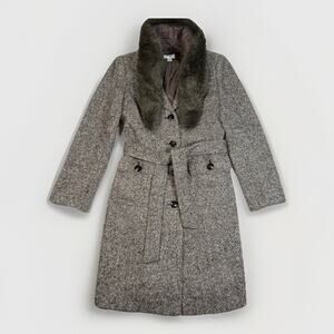 VTG Ann Taylor Loft Tweed Wool Trench Coat Jacket Long Size 8 Brown Faux Fur